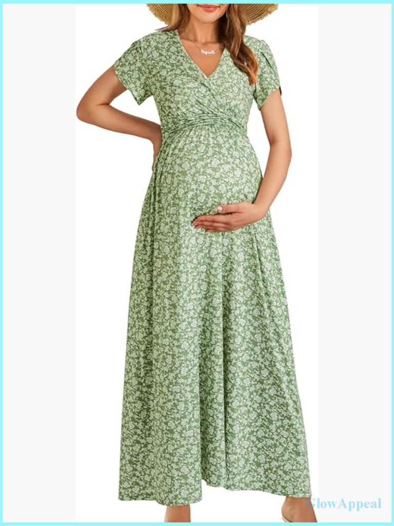 Maternity Maxi Dress Wrap V-Neck Short Sleeve Nursing Summer